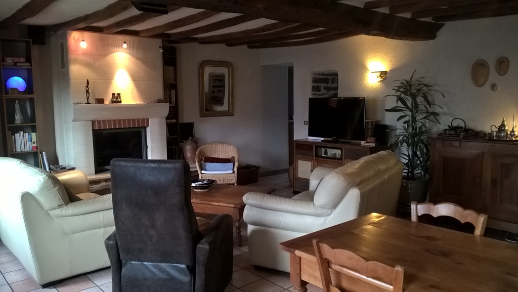 Séjour, salon avec cheminée à foyer fermé qui peut chauffer en foyer ouvert.