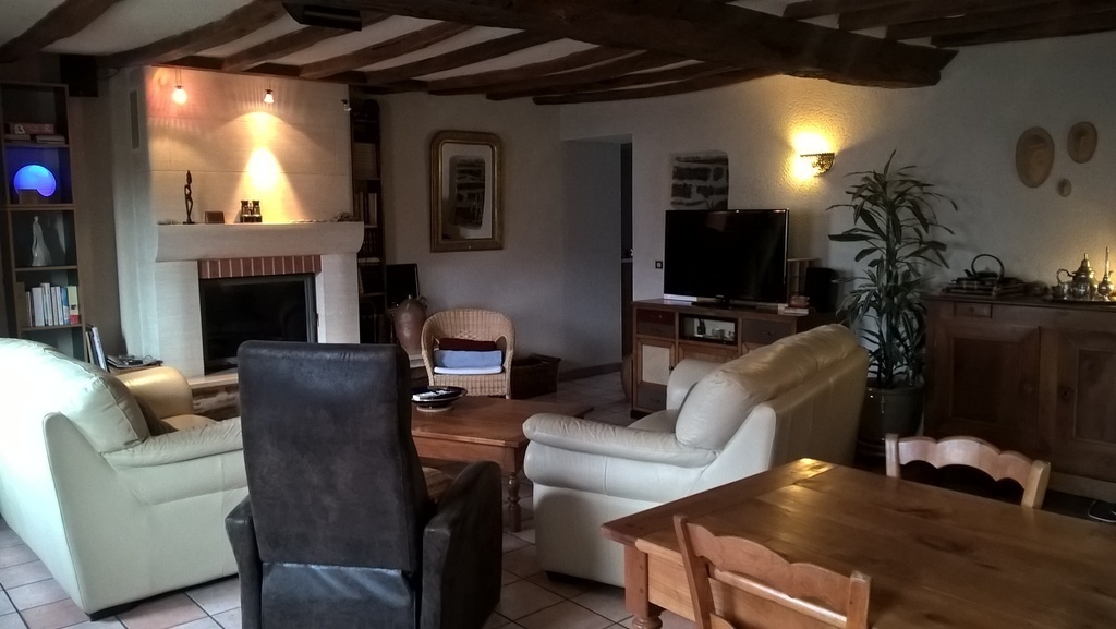 Séjour, salon avec cheminée à foyer fermé qui peut chauffer en foyer ouvert.