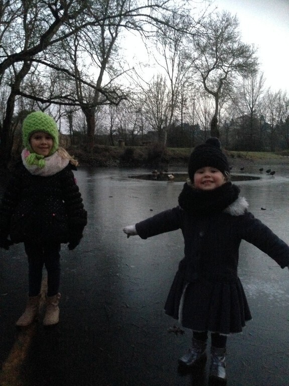 Tya and Charlie on the frozen water of the boire ste Catherine