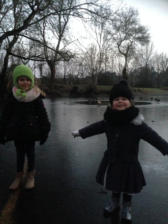 Tya and Charlie on the frozen water of the boire ste Catherine