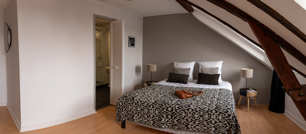 Chambre Numéro 1 : lit double (260 x 190), Tables de lit, Valet, accès direct à la salle d'eau