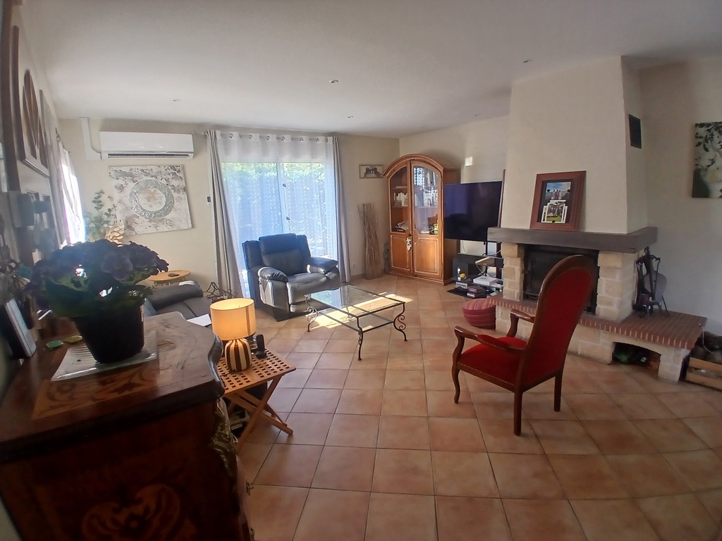 Salon avec cheminée insert.