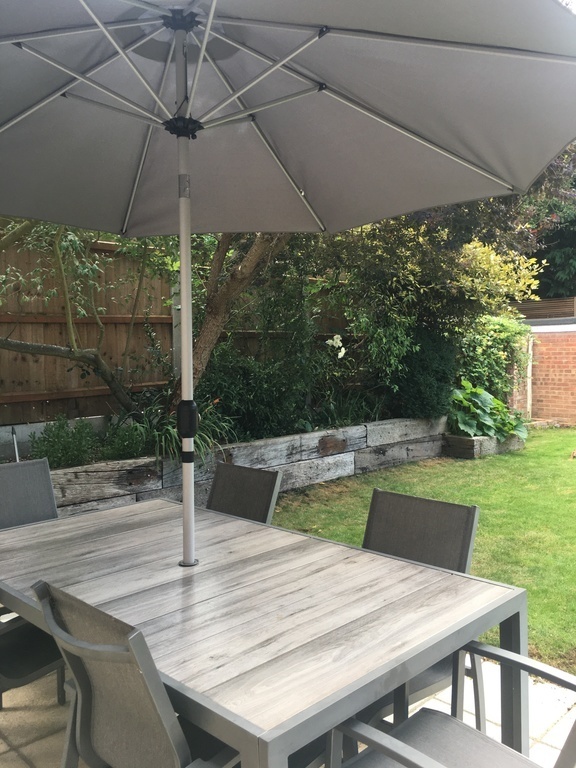 Our patio with table for al fresco dining in spring / summer
