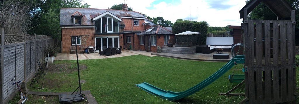 Our back garden and outdoor dining area, we have since moved the playframe