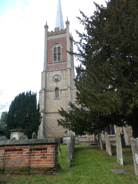 St Michael's church in Bishops Stortford, viewed from the route of the walk from our house to town