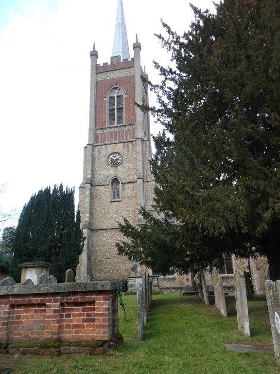 St Michael's church in Bishops Stortford, viewed from the route of the walk from our house to town