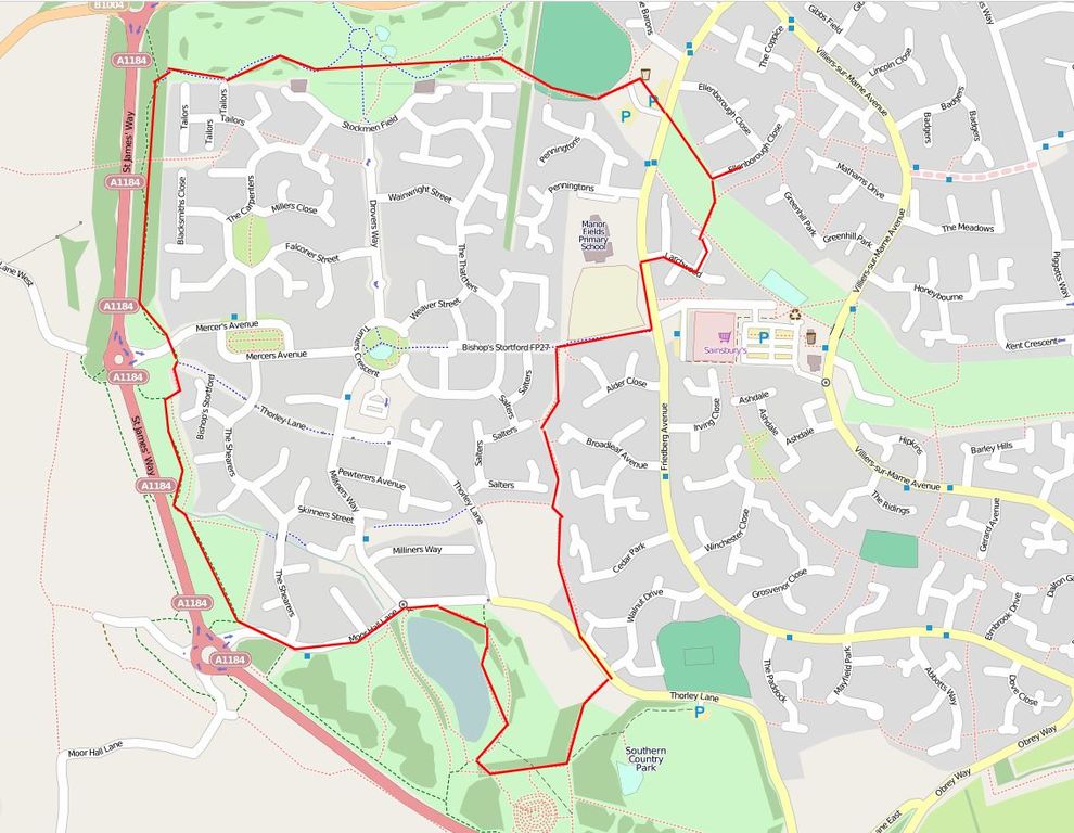 A very pleasant 2.5 mile walk from our house around the southern and northern parks ending at the pub at the end of our road.