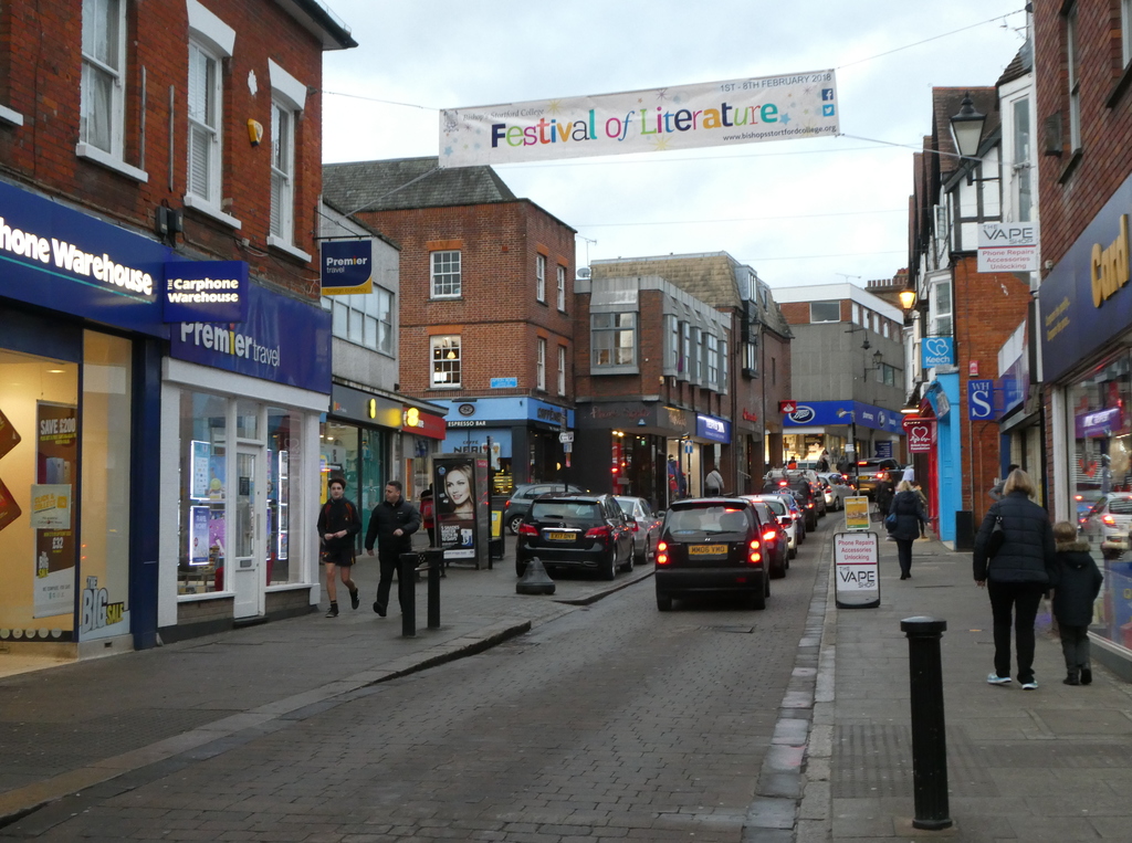 South Street in Bishops Stortford, one way and leading to the main crossroads