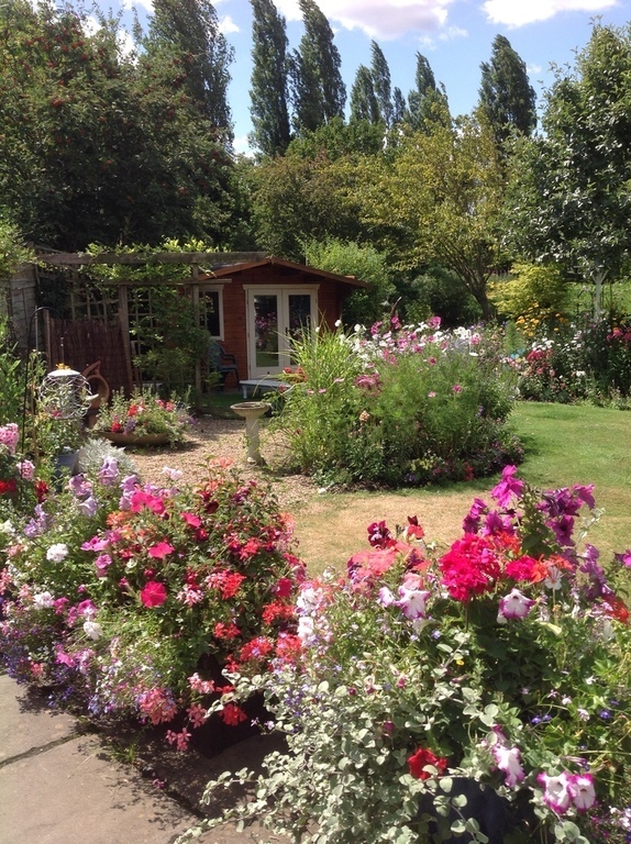 Flowers line the terrace
