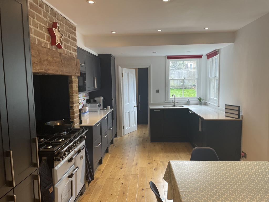 Newly fitted kitchen with range cooker