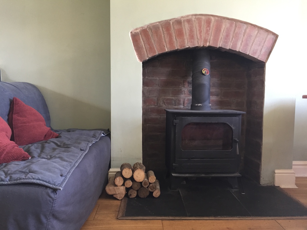 Wood burning stove in the dining room
