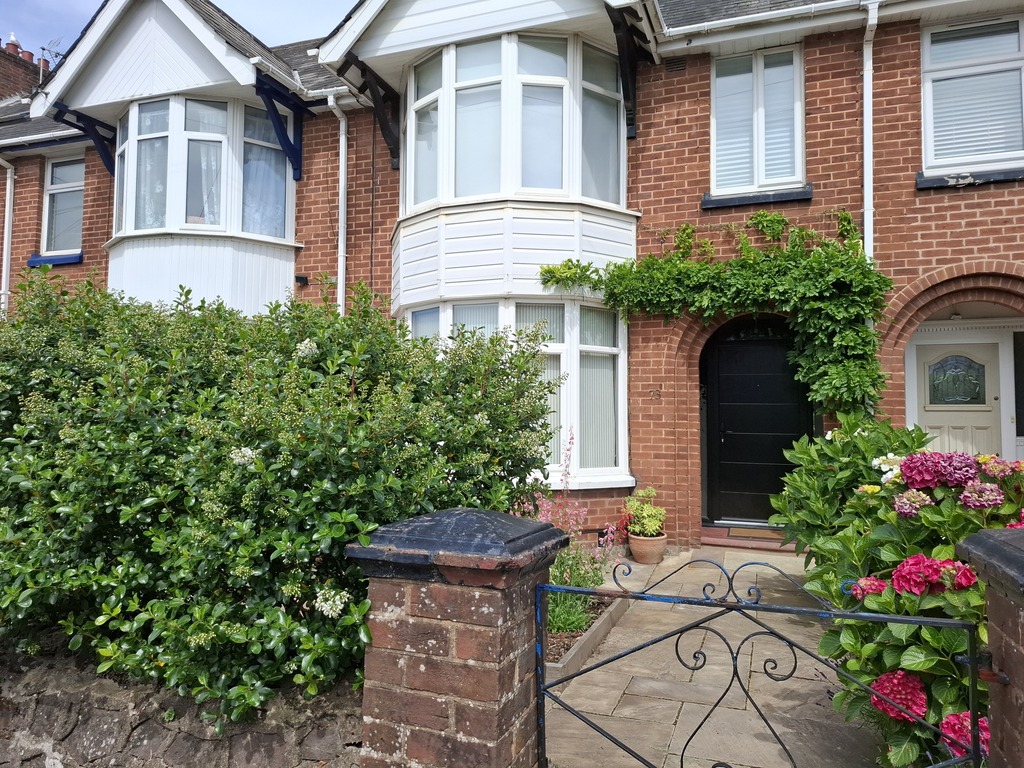 New front door and house in summer. 