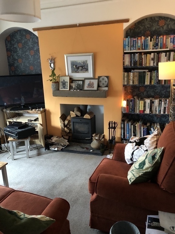 front room, wood burner