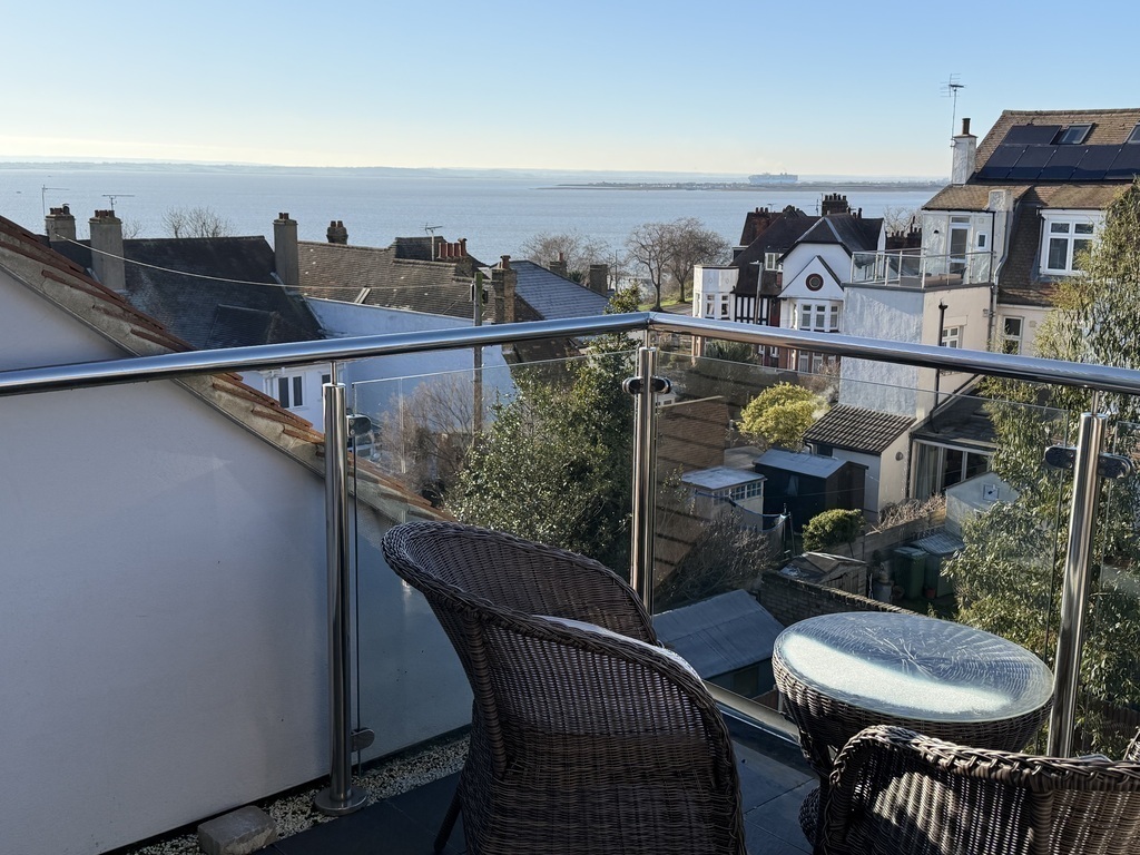 Master bedroom balcony with Thames Estuary views.
