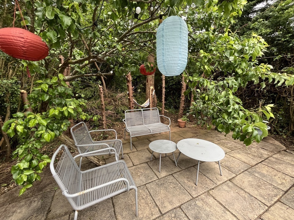 Back of garden - just chopped down hedge, usually can see stream behind from the seats. 