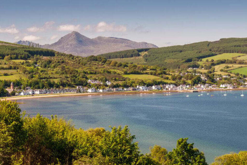 The view at Kingscross Point across to Lamlash Bay with Goatfell mountain in the background. A lovely walk from the hous