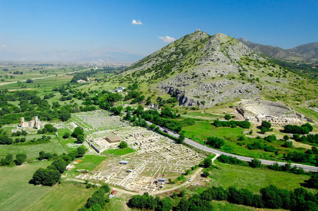 bird view of ancient philippi site and ancient  theater by foothill