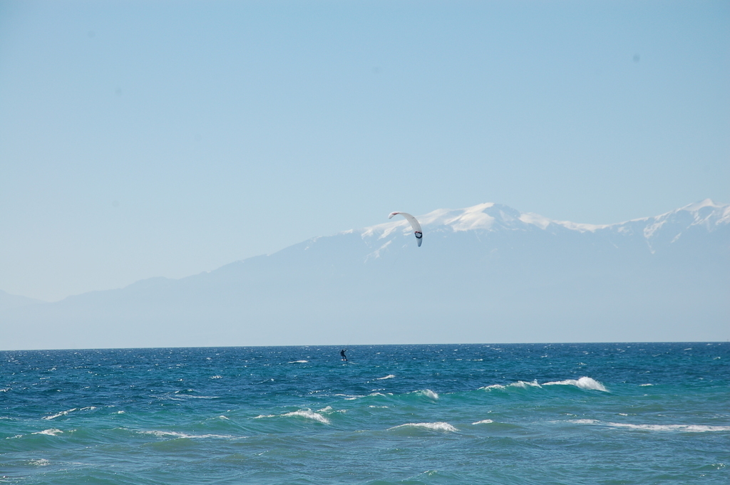Paralia beach with taverns,cafe,pitsa and olympos mountain .