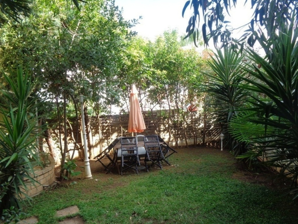 backyard...trees and eating tables with chairs