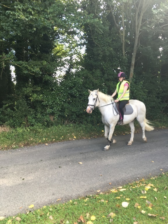 Emily on her horse on laneway in front of our house