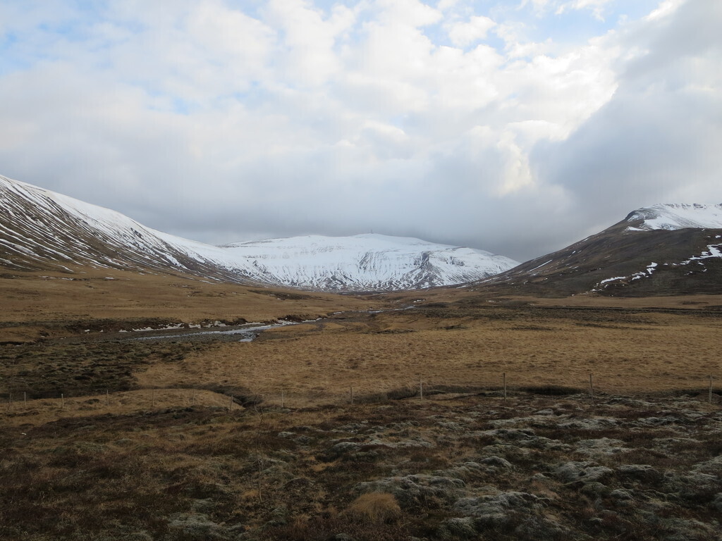 The view from the living room in our cottage. Straight ahead is mountain Skalafell.