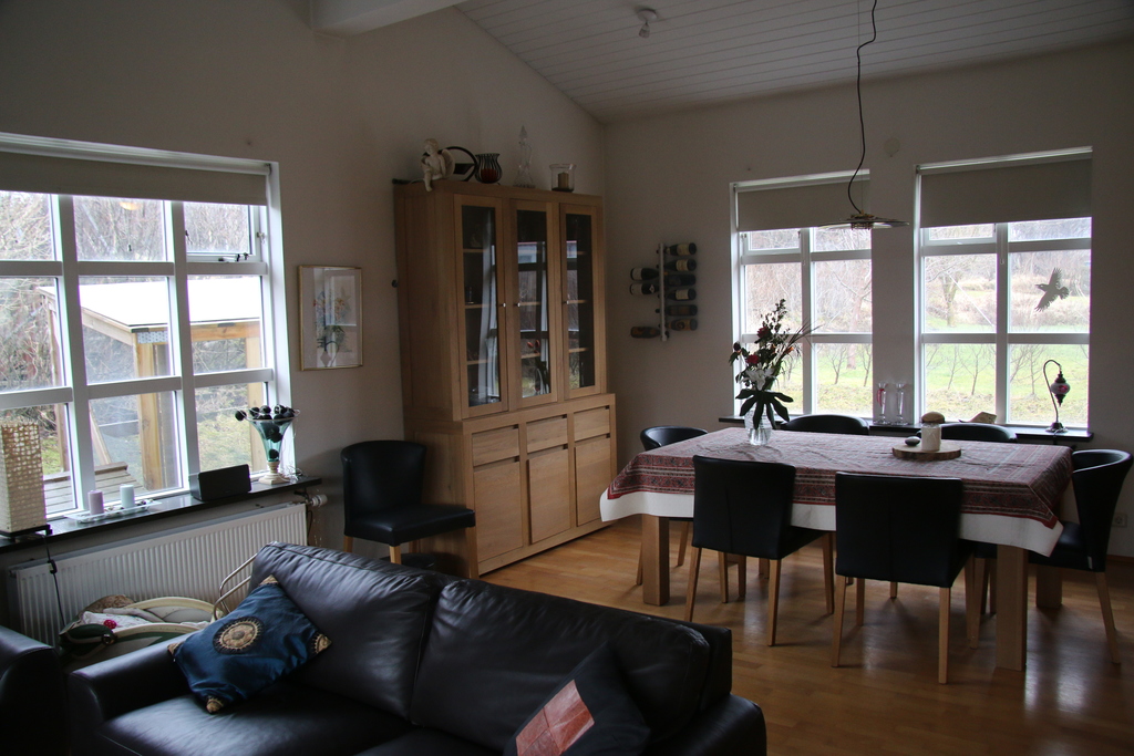 The dining area which is in the same space as the living room.