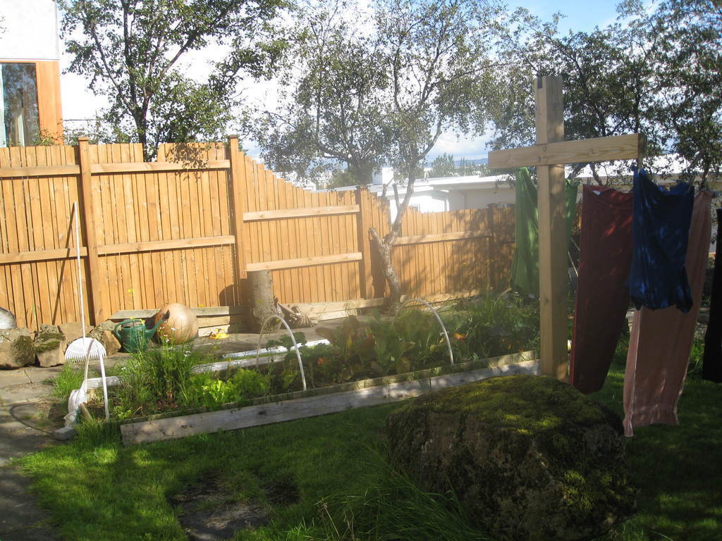 Vegetable garden and washing line behind house. A sunny, peaceful spot.
