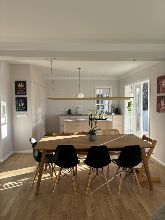 Kitchen and living room are in an open space.