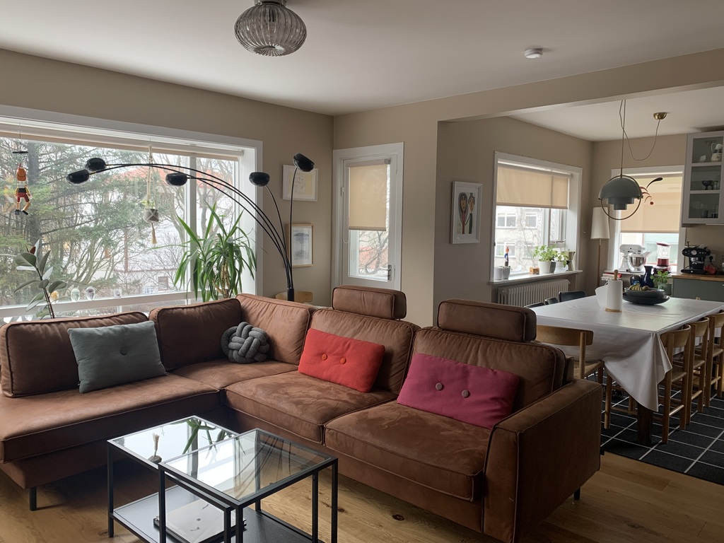 Living room / dining room - behind the couch there is an entrance to our balcony with a small BBQ