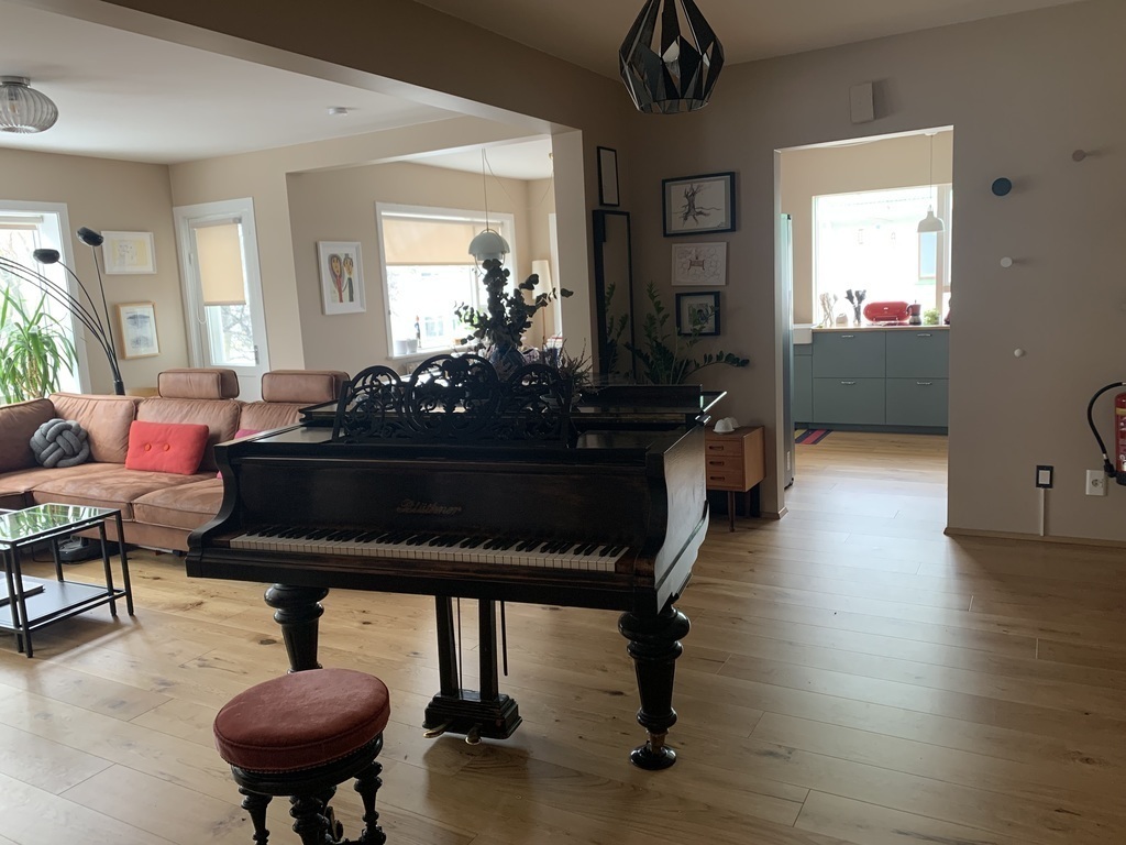 The grand piano in the hallway - kitchen and part of living room in the background.
