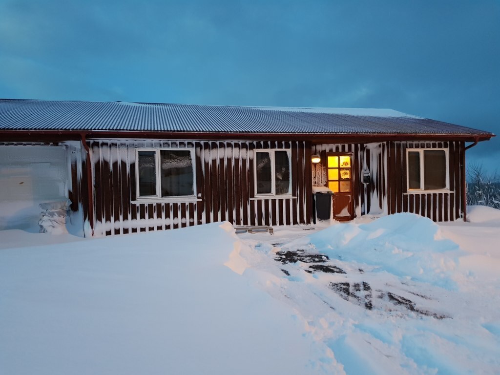 The front of the house at winter time.