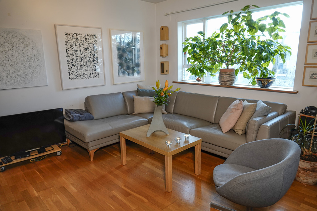 The leather sofa in the living room part can easily serve as a single bed if necessary