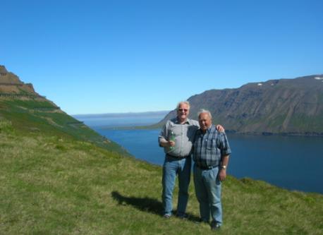 Gudni and his father with Siglufjordur as background