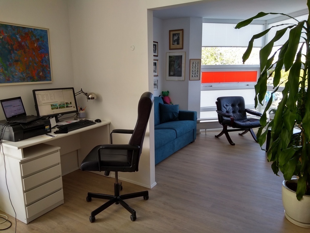 Small office corner and the room with the sleeping couch. 