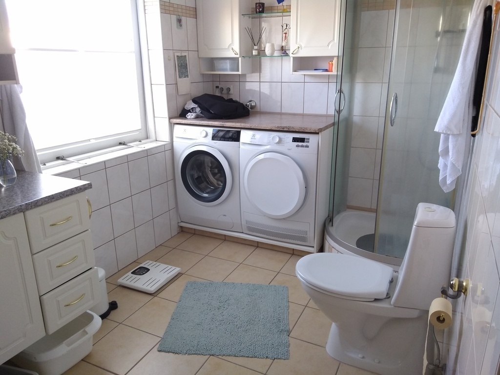 WC, shower, washing machine and a dryer. 