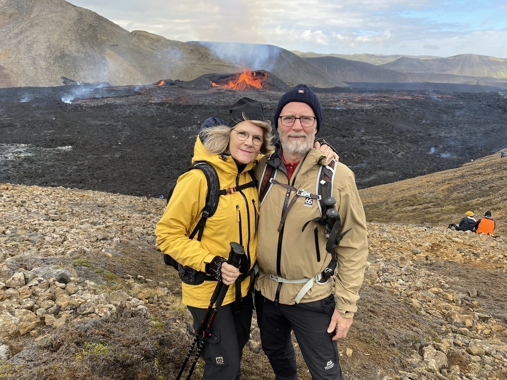 That's us: Elísabet and Ágúst. A photo taken last summer in front of Fagradalsfjall eruption.