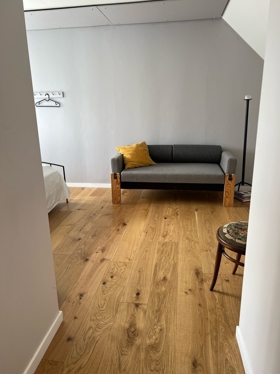 Upstairs there is a bedroom, with double bed and a small sofa bed and a bathroom. One room will be closed.