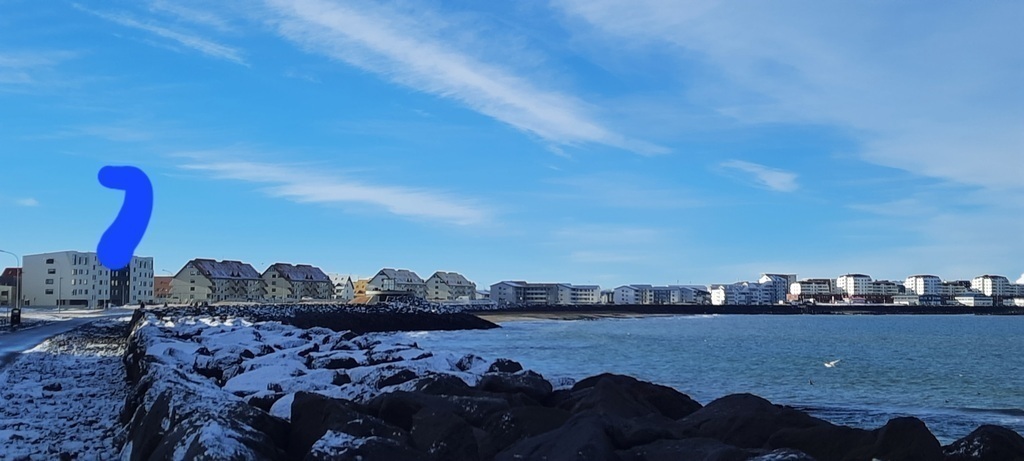The coastline near to my home. Small sandy beach when the tide is right.
My house is behind where the blue mark is