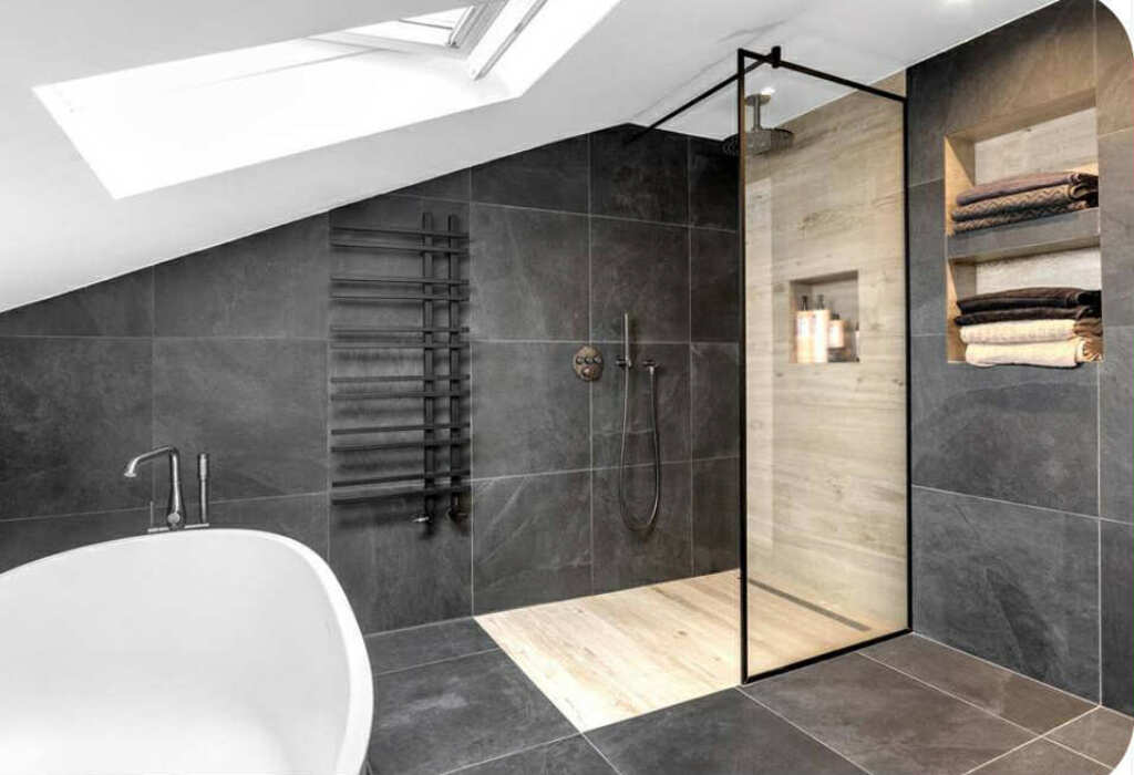 Upstairs bathroom with a shower and bathtub. 