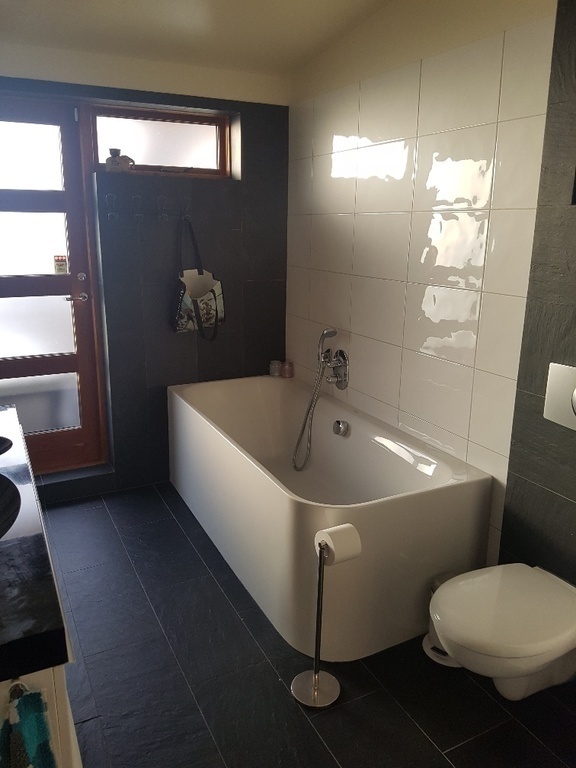 The bigger bathroom, includes both a bath tub and a shower