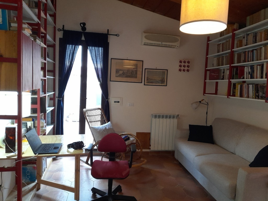 Salotto della mansarda con divano-letto /  Salon de la mansarde avec canapé-lit / Attic living room with sofa bed