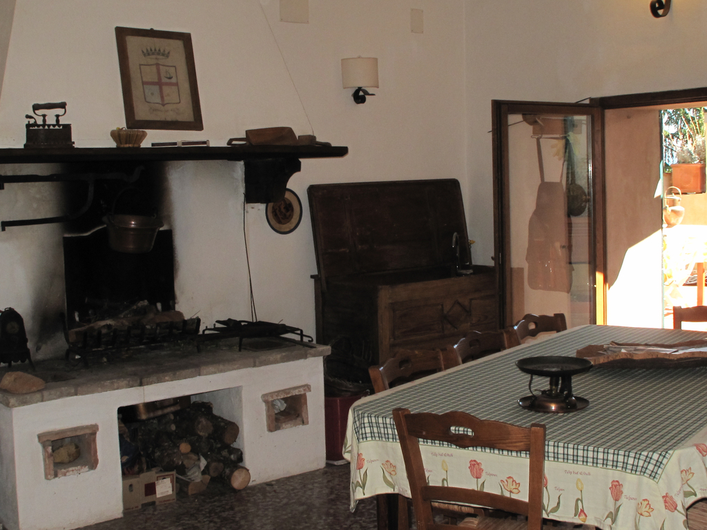 Lower kitchen with fireplace and access to terrace