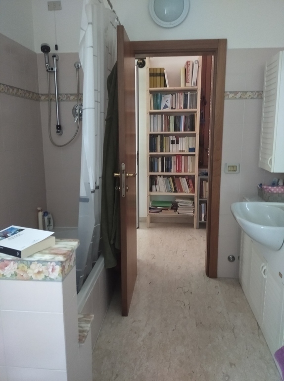 bathroom, with shower, bathtub and washing machine