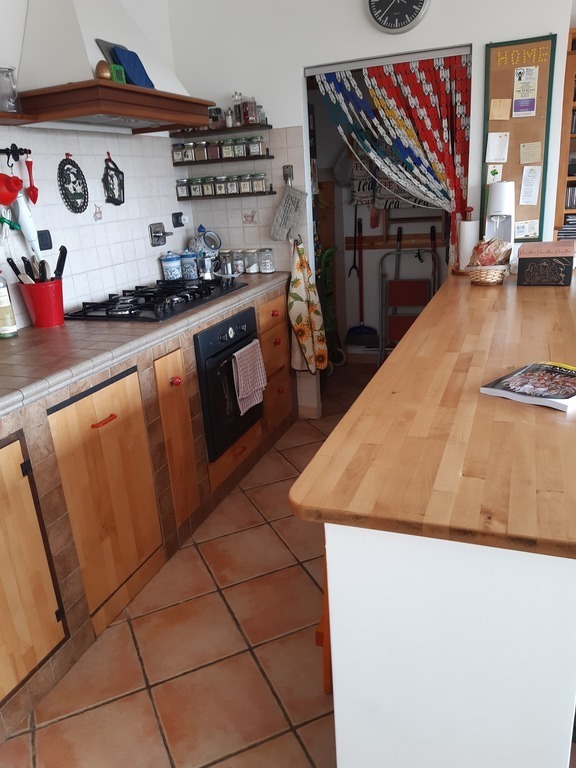 The kitchen side: dishwasher, stove and oven in view (the fridge it's behind the courtain)