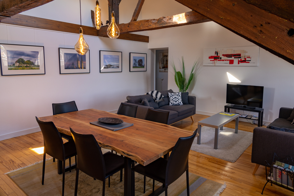 Pièce principale salle à manger, 2 canapés, une grande table en bois massif accueillant 8 chaises, une TV, Wifi haut débit,Ch...