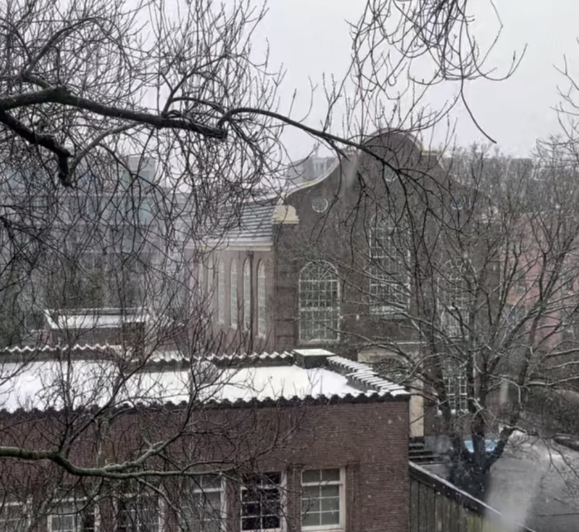 old synagogue, view from living room in winter
