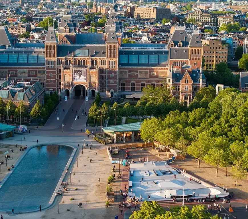 Rijksmuseum on Museumplein with skate park and playground