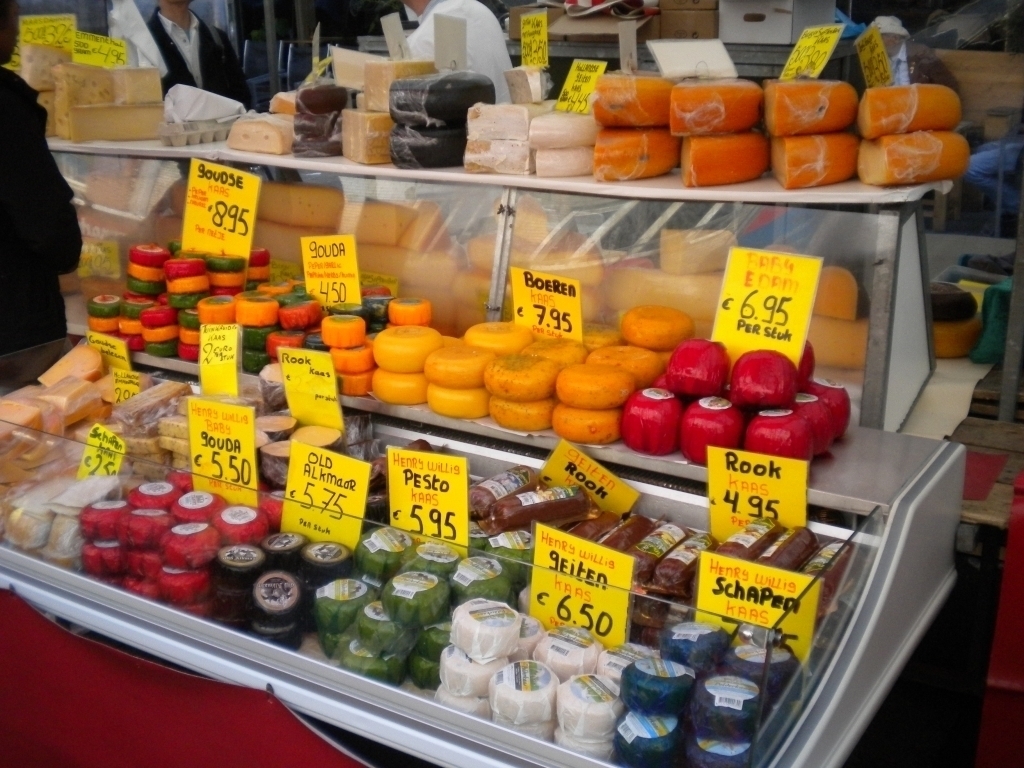 All kinds of Dutch cheese. ..but you can also get French cheeses or cheddar in Holland.