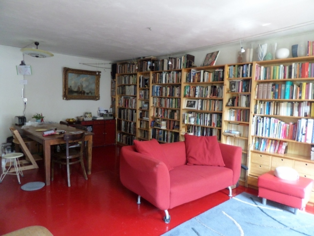 Living room with lots and lots of books.