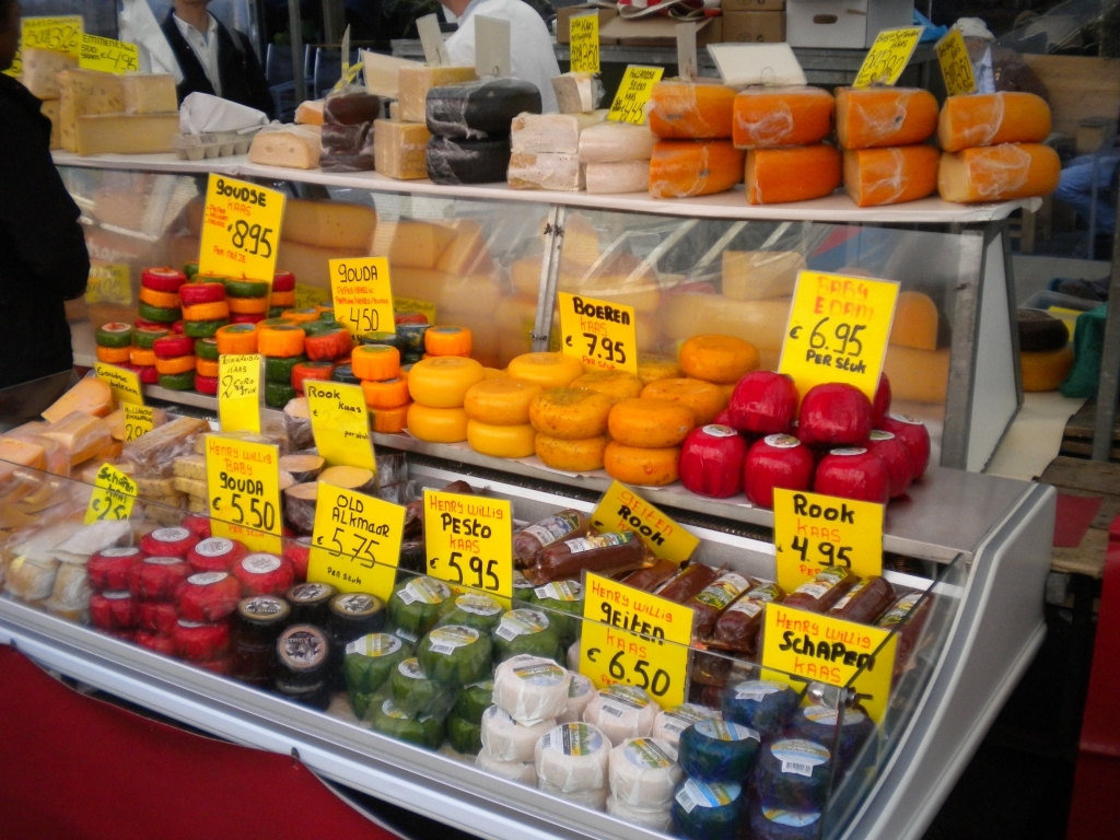 All kinds of Dutch cheese. ..but you can also get French cheeses or cheddar in Holland.